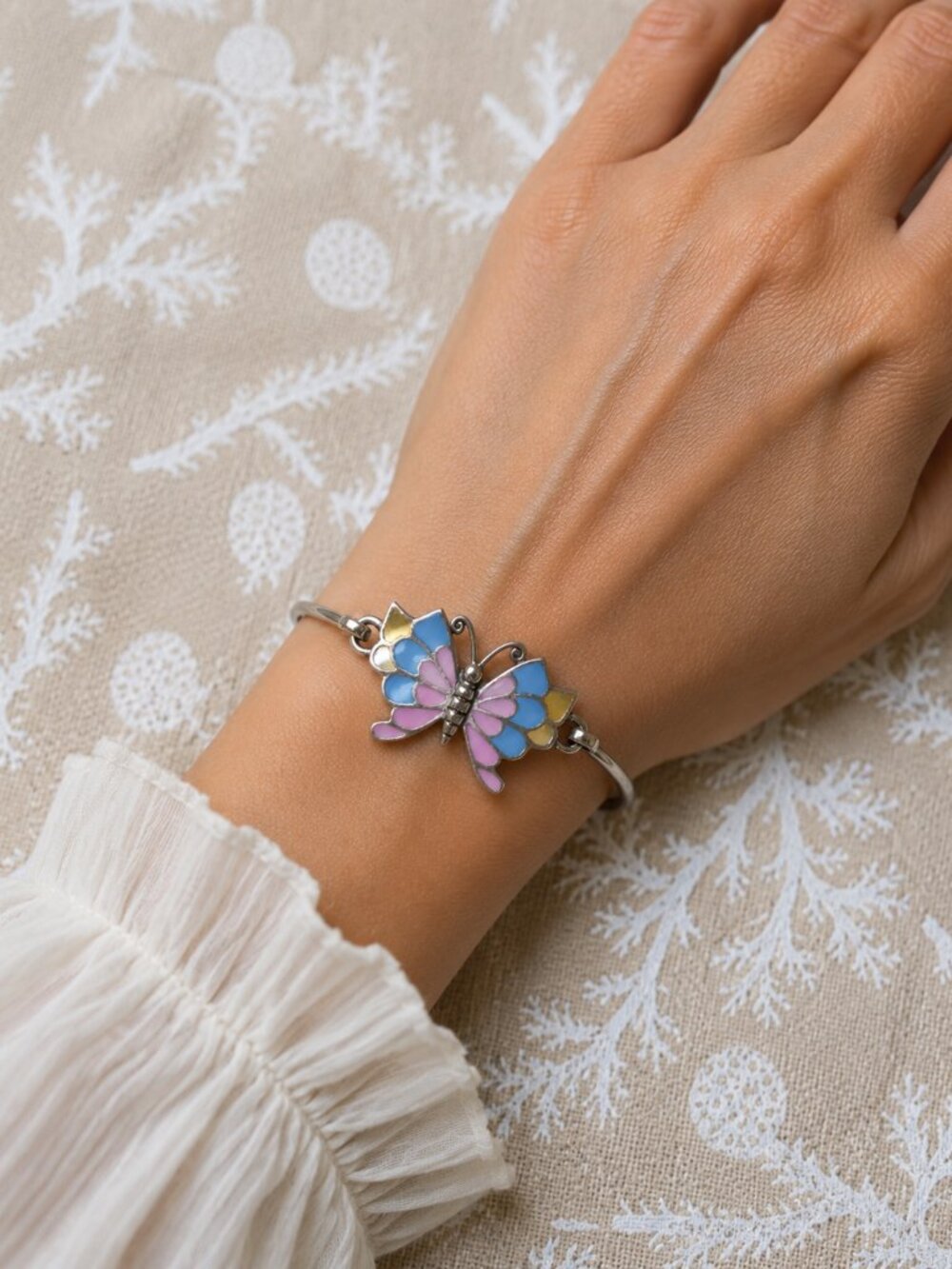 Vintage 925 Sterling Silver Multi-Colored Butterfly Bangle Bracelet